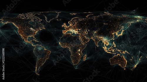 Global communication networks, connecting lines spreading across a world map, showcasing international network connections