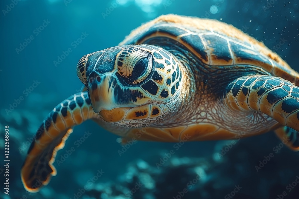 Fototapeta premium Diver Gently Holding Serene Sea Turtle Amid Vibrant Coral Reefs and Sunlit Waters