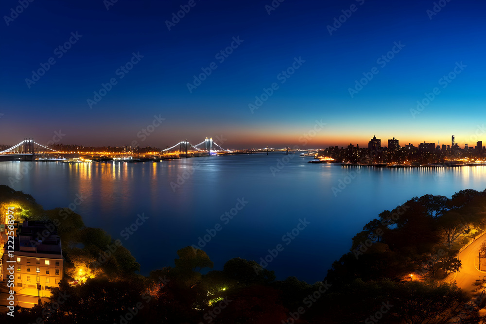 Illuminated Bridge Spans Tranquil Water at Dusk, Cityscape Reflects Serenely in Calm Twilight Illuminated Bridge Spans Tranquil Water at Dusk, Cityscape Reflects Serenely in Calm Twilight