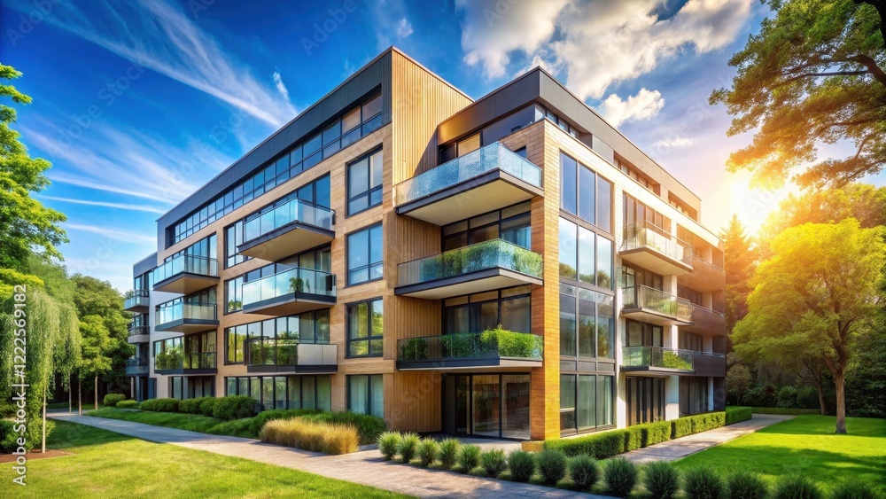 Modern apartment building with expansive balconies and lush landscaping under a vibrant sky Modern apartment building with expansive balconies and lush landscaping under a vibrant sky