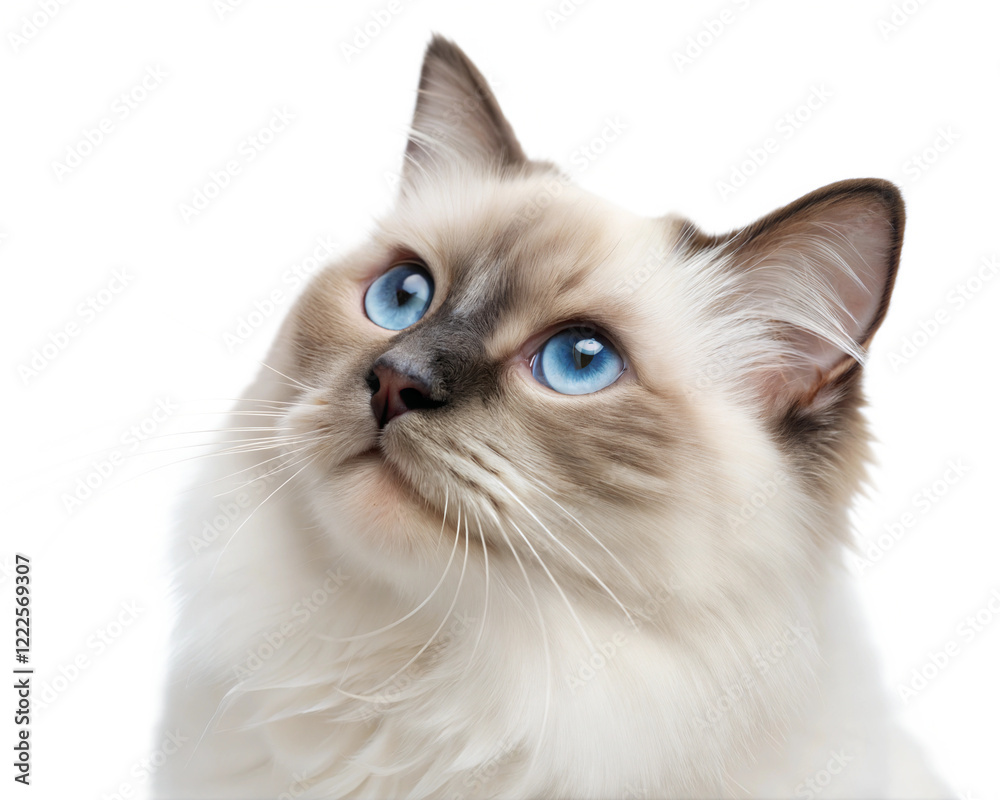Close-Up Portrait of Birman Cat with Striking Blue Eyes Isolated on White Background. Close-Up Portrait of Birman Cat with Striking Blue Eyes Isolated on White Background.
