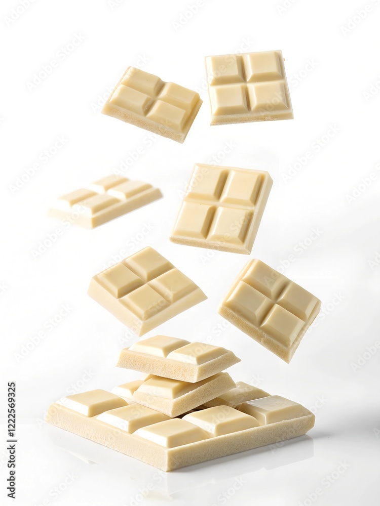 Obraz premium Pieces of creamy white chocolate floating against a clean white background. A minimalist and elegant concept for desserts, chocolate lovers, or food advertising.