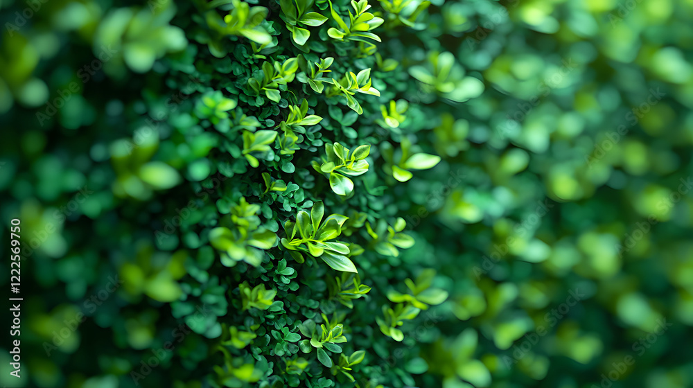 Obraz premium Emerald Green Hedge: A close-up, macro image of a dense green hedge, the leaves shimmering with a vibrant hue. The intricate details and textures of the foliage create a mesmerizing visual feast.