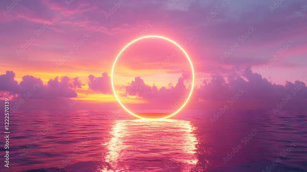 Surreal Neon Circle Over Ocean at Sunset Surreal Neon Circle Over Ocean at Sunset