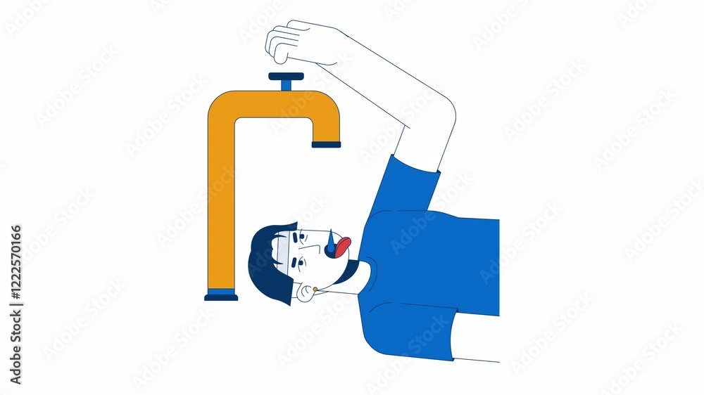 Water scarcity 2D animation. Drought environmental issue 4K video motion graphic. Thirsty asian man struggling with dry tap and droplet animated character cartoon flat concept, white background Water scarcity 2D animation. Drought environmental issue 4K video motion graphic. Thirsty asian man struggling with dry tap and droplet animated character cartoon flat concept, white background