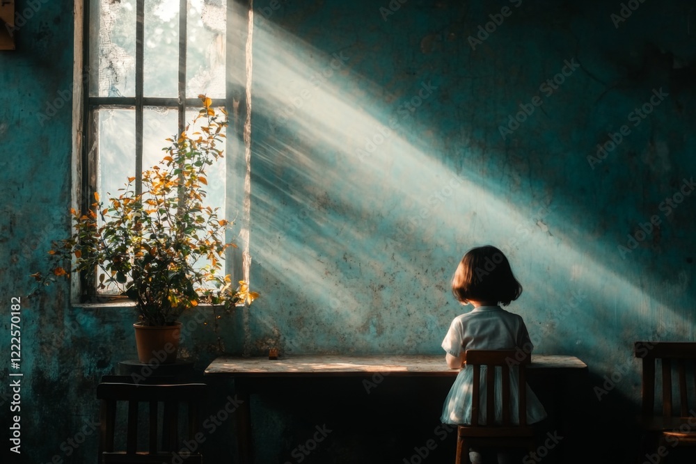 A child sitting alone in a classroom, their desk surrounded by empty chairs, with sunlight streaming in through dusty windows A child sitting alone in a classroom, their desk surrounded by empty chairs, with sunlight streaming in through dusty windows
