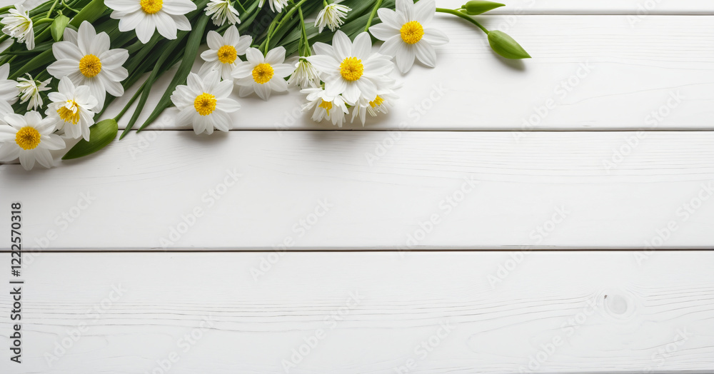 Obraz premium Bouquet of white flowers arranged across the top left corner of a white wooden table. Concepts of purity, freshness and simplicity.