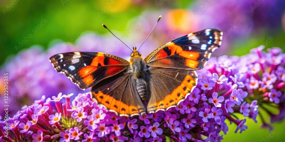 Vibrant red admiral butterfly poised on lilac blossoms, a summer close-up showcasing intricate details. Vibrant red admiral butterfly poised on lilac blossoms, a summer close-up showcasing intricate details.