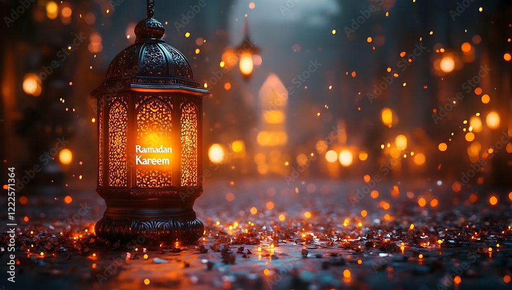 Glowing Ramadan Kareem Lantern Surrounded by Sparkling Lights at Twilight
Glowing Ramadan Kareem Lantern Surrounded by Sparkling Lights at Twilight
