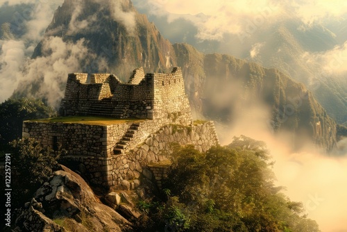 Ancient inca citadel machu picchu emerging from the mist during a breathtaking golden hour in the andes mountains
