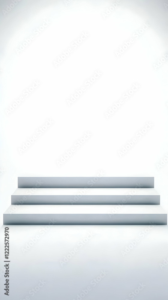 White Empty Staircase Stands on a White Background with Bright Lighting and Subtle Shadow. White Empty Staircase Stands on a White Background with Bright Lighting and Subtle Shadow.