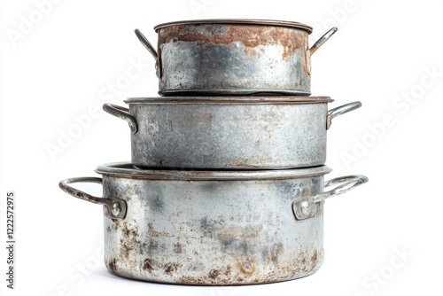 Vintage Stacked Rusty Metal Pots: A Timeless Kitchen Collection photo