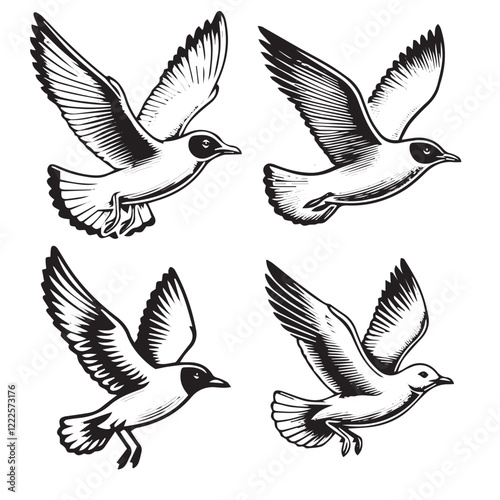 High-Quality Vector Silhouette of a Flying Franklin’s Gull on White Background