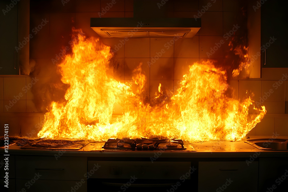 Kitchen Fire Engulfs Stovetop with Intense Flames and Smoke Damage Quickly Spreads
