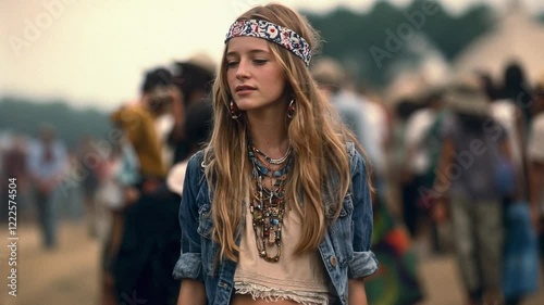 A young woman with long hair, wearing a bohemian outfit and accessories, walks through a lively festival. She radiates a carefree spirit amidst a vibrant crowd, embracing freedom