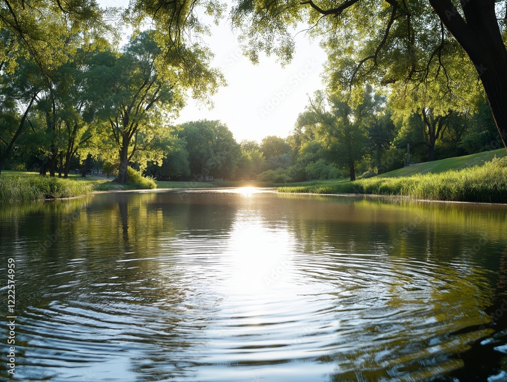 Serene lake at sunset with gentle ripples and lush greenery surrounding the calm water in a peaceful natural setting. Generative AI Serene lake at sunset with gentle ripples and lush greenery surrounding the calm water in a peaceful natural setting. Generative AI