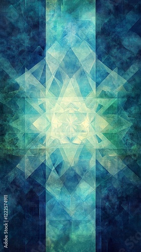Serene Abstract Art in Blue and Green with Geometric Patterns and Light Center for Modern Decor and Meditation Spaces, Generative AI