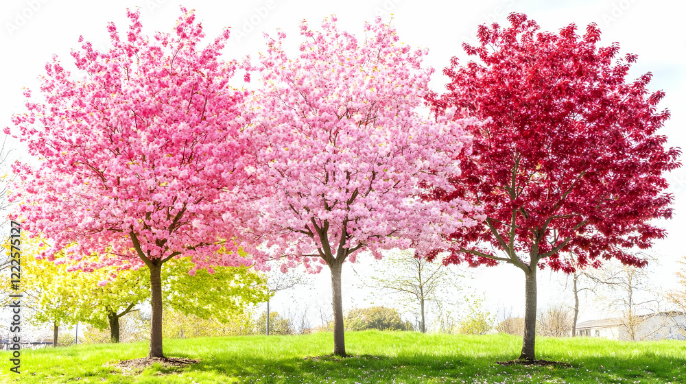 Three Flowering Trees Stand Tall in a Vibrant Spring Landscape with Green Grass Below Three Flowering Trees Stand Tall in a Vibrant Spring Landscape with Green Grass Below