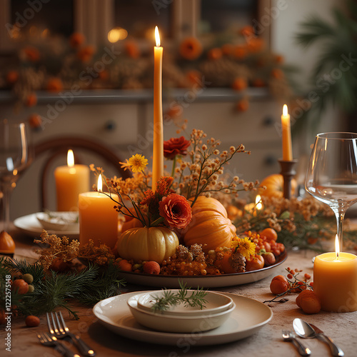 Décoration de table chaleureuse pour un dîner familial de Thanksgiving : ambiance rustique avec bougies, citrouilles et centre floral élégant. photo