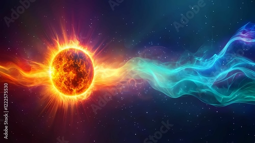 A vibrant cosmic scene featuring a radiant sun emitting colorful waves of energy through the dark expanse of space.