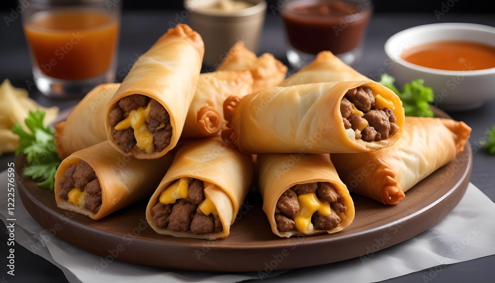 Cheeseburger egg rolls served on a plate. Food photography with menu-style presentation Cheeseburger egg rolls served on a plate. Food photography with menu-style presentation