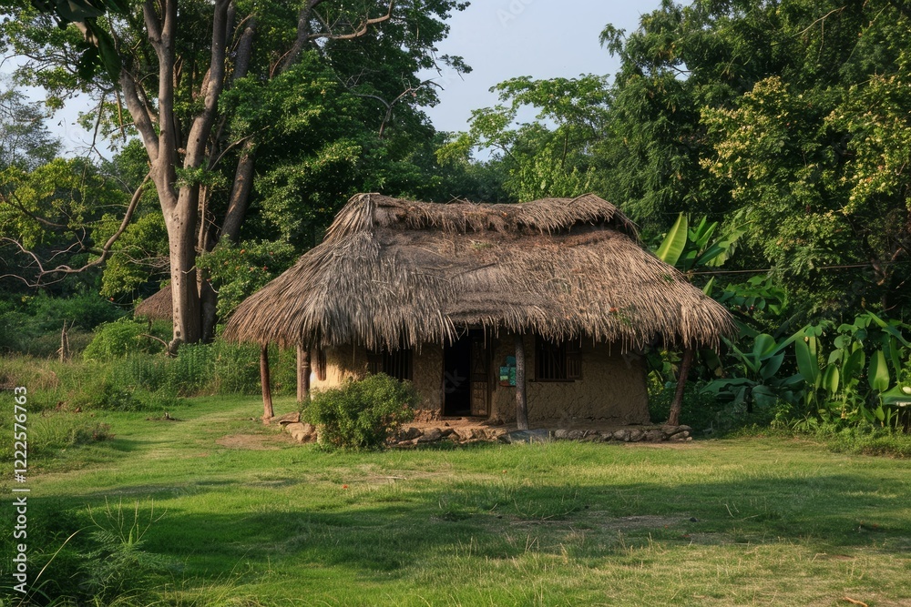 Serene view of a traditional thatched hut blending harmoniously with the surrounding lush green forest Serene view of a traditional thatched hut blending harmoniously with the surrounding lush green forest