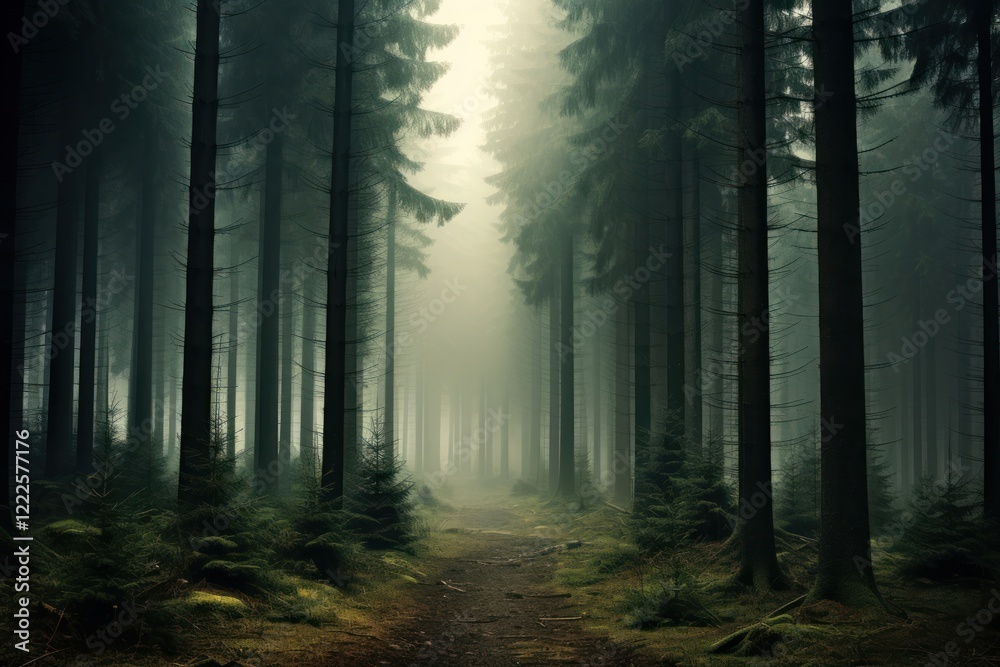 Obraz premium Forest with mist background landscape woodland outdoors.