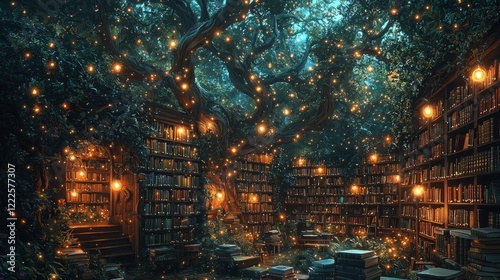 A whimsical illustration of a magical library filled with floating books, glowing lights, and mysterious shelves, perfect for a fantasy or magical realism book photo