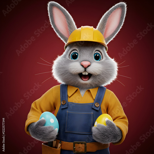 Smiling Gray Easter Bunny Construction Worker Holding Decorated