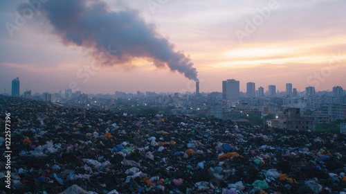 Urban skyline with smoke rising against a sunset backdrop, showcasing pollution issues.