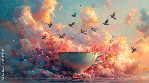 A whimsical scene of a giant teacup filled with clouds, where small birds are flying out, symbolizing peaceful thoughts and dreams, in soft pastels like pale pink, lavender, and sky blue photo