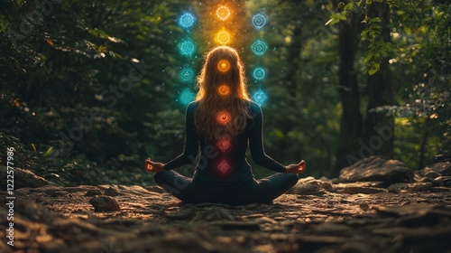 A woman meditating in a lush forest, with chakra symbols appearing above her as beams of light, emphasizing spiritual connection to nature and the universe photo