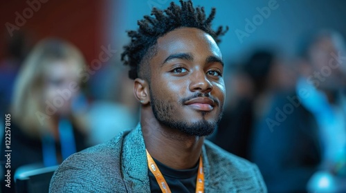 A young entrepreneur attending a conference, sitting in a panel discussion and engaging with industry leaders, symbolizing career growth through networking, in vibrant tones of blue, green, and silver photo