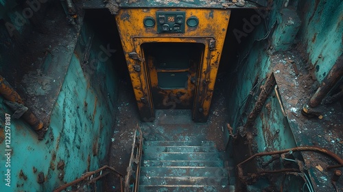 A background of a grungy elevator shaft with exposed wiring.