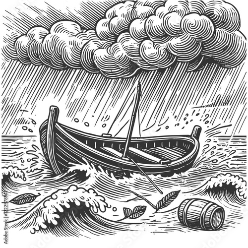 small boat in stormy seas, with crashing waves, dark clouds, and floating barrel for dramatic effect sketch engraving generative ai vector illustration. Scratch board imitation. Black and white image