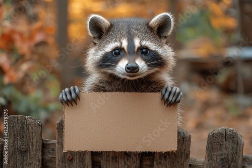 Playful Raccoon Perched on Wooden Fence Holding Blank Cardboard Sign with Cute Paws in Autumn Forest photo