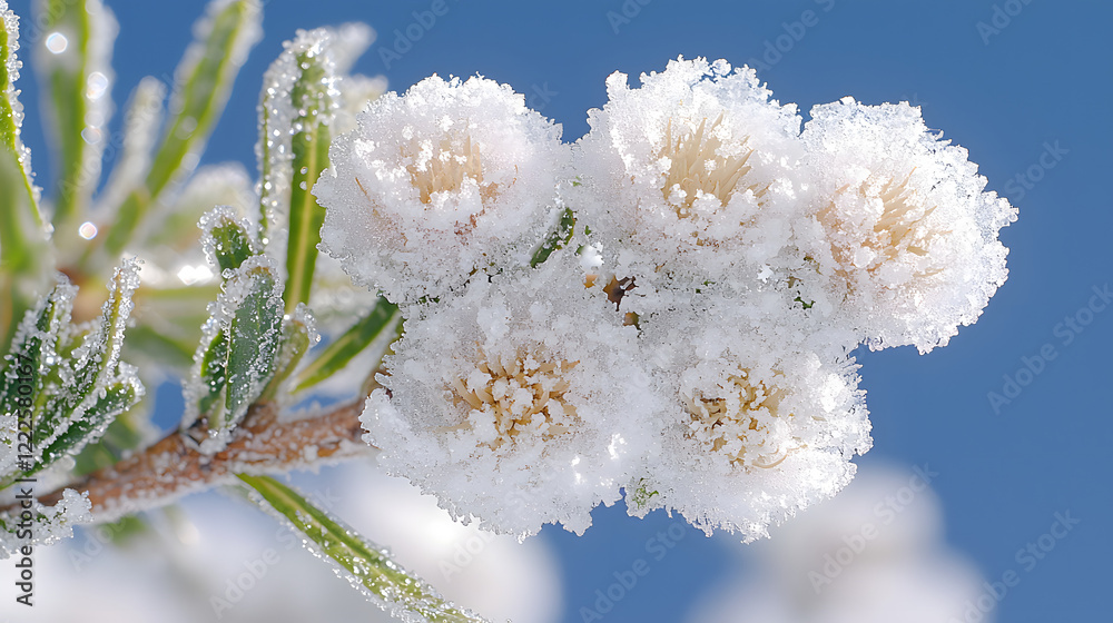 Winter's Embrace: Delicate white blooms are adorned with a layer of frost, transforming into shimmering, frosted gems against a vibrant blue sky. Winter's Embrace: Delicate white blooms are adorned with a layer of frost, transforming into shimmering, frosted gems against a vibrant blue sky.