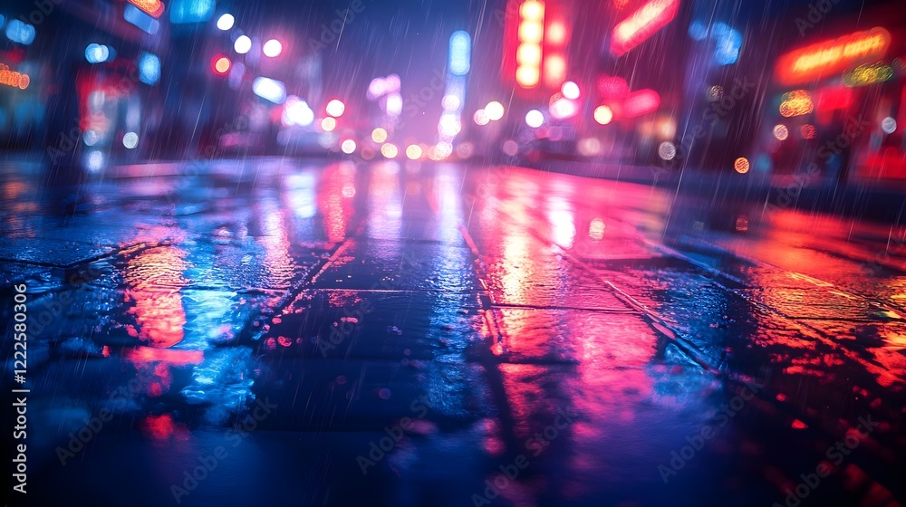A background of a neon-lit urban street reflecting on wet asphalt. A background of a neon-lit urban street reflecting on wet asphalt.