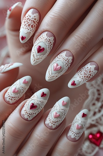 Luxury 3D Valentine's Day Press-On Nails with White French Lace and Vintage Pink Red Hearts