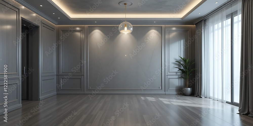 Fototapeta premium Elegant Gray Room Interior Design With Modern Lighting