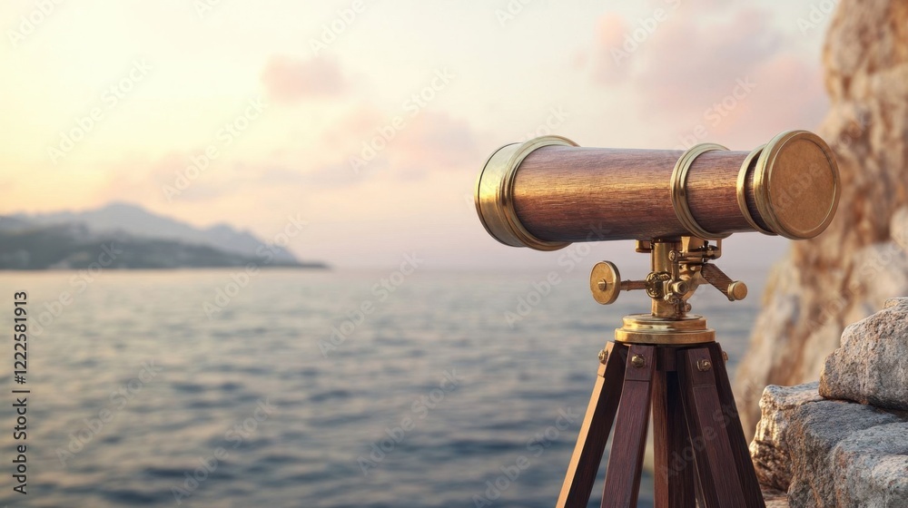 A wooden telescope overlooks the ocean. A wooden telescope overlooks the ocean.