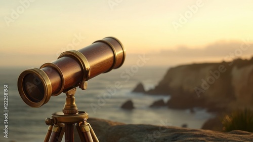 Wooden telescope at sunset.