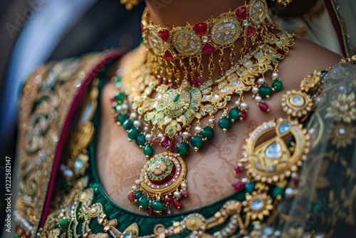 Close up of an indian bride's elaborate gold and emerald necklace, showcasing the intricate details and rich colors of traditional wedding jewelry photo