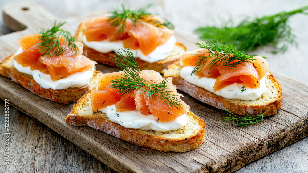 Gourmet tartines with smoked salmon and dill on wooden board Gourmet tartines with smoked salmon and dill on wooden board