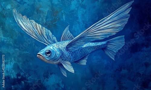 Flying Fish Artwork on Solid Indigo Background, Surreal Fantasy Concept, Unique Winged Fish Illustration, Abstract Ocean Life, Creative Marine Creature Art for Imagination, Dream Themes, Generative AI