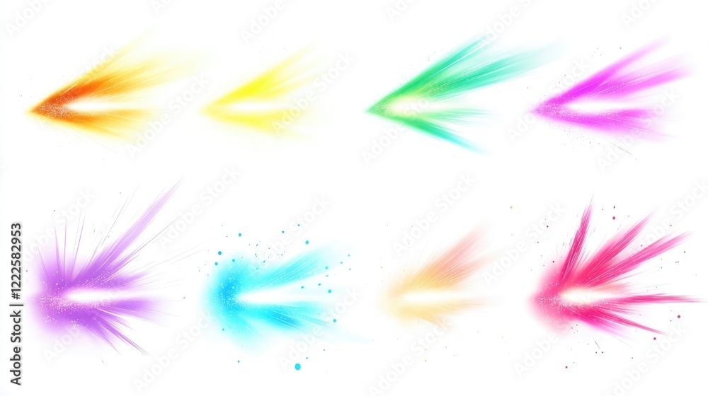 Obraz premium Glowing color light flair set. Isolated white background. Various colors of glowing lens flair. Fantasy collection. Light burst. Vibrant glowing color