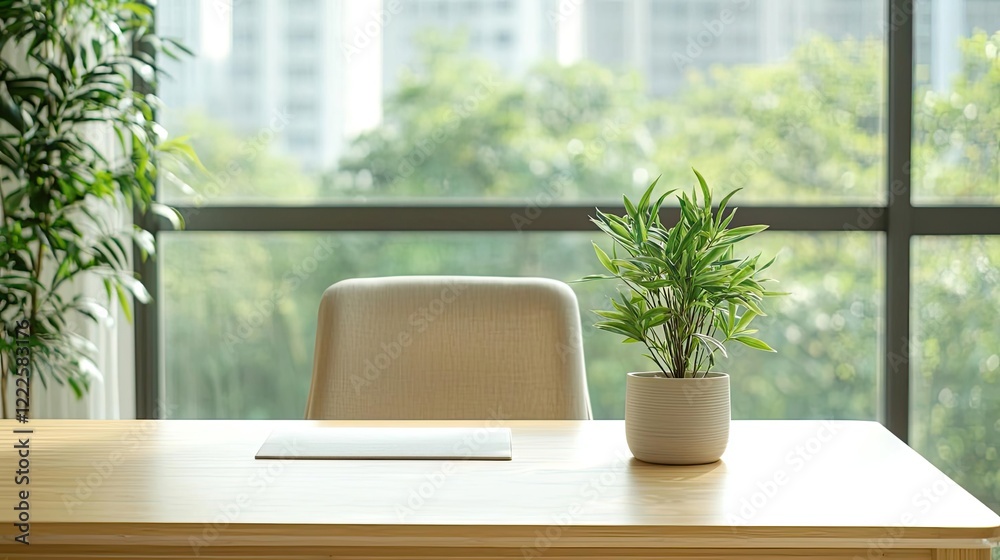Fototapeta premium Eco-Friendly living concept. A serene office space featuring a plant on a desk with a view of greenery outside.