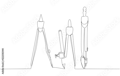 Set of drawing compass with pencil one line art. Continuous line drawing of online learning, school supplies, stationery storage, exam, office supplies, education.