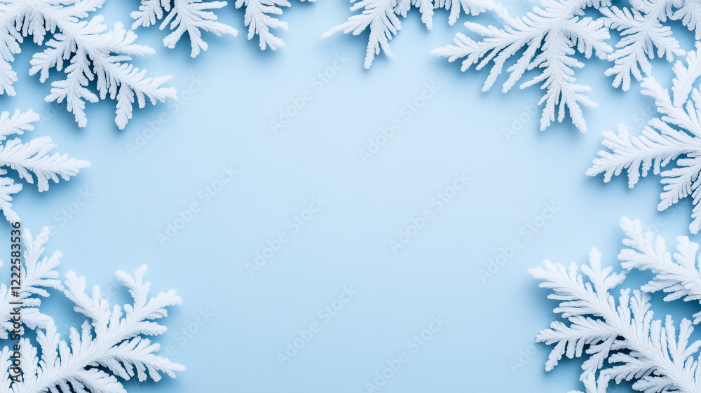 Frosty white snowflakes frame serene blue background, creating winter wonderland feel. Perfect for seasonal themes and holiday designs Frosty white snowflakes frame serene blue background, creating winter wonderland feel. Perfect for seasonal themes and holiday designs