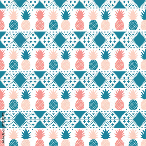 A seamless pattern featuring colorful pineapples and palm trees on a white background, perfect for summer-themed designs, textiles, wallpapers, and tropical decorations.  
